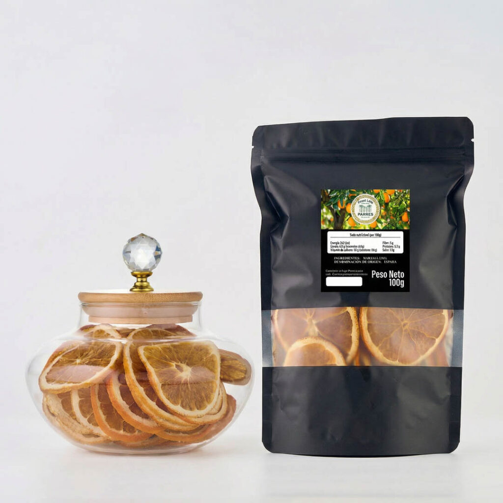 Naranja Deshidratada Gourmet · Tarro de Cristal 70g + Sobre 100g